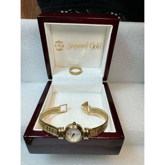 14KT Yellow Imperial Gold Mirror Wheat Bangle Watch & Ring - Picture 1 of 12